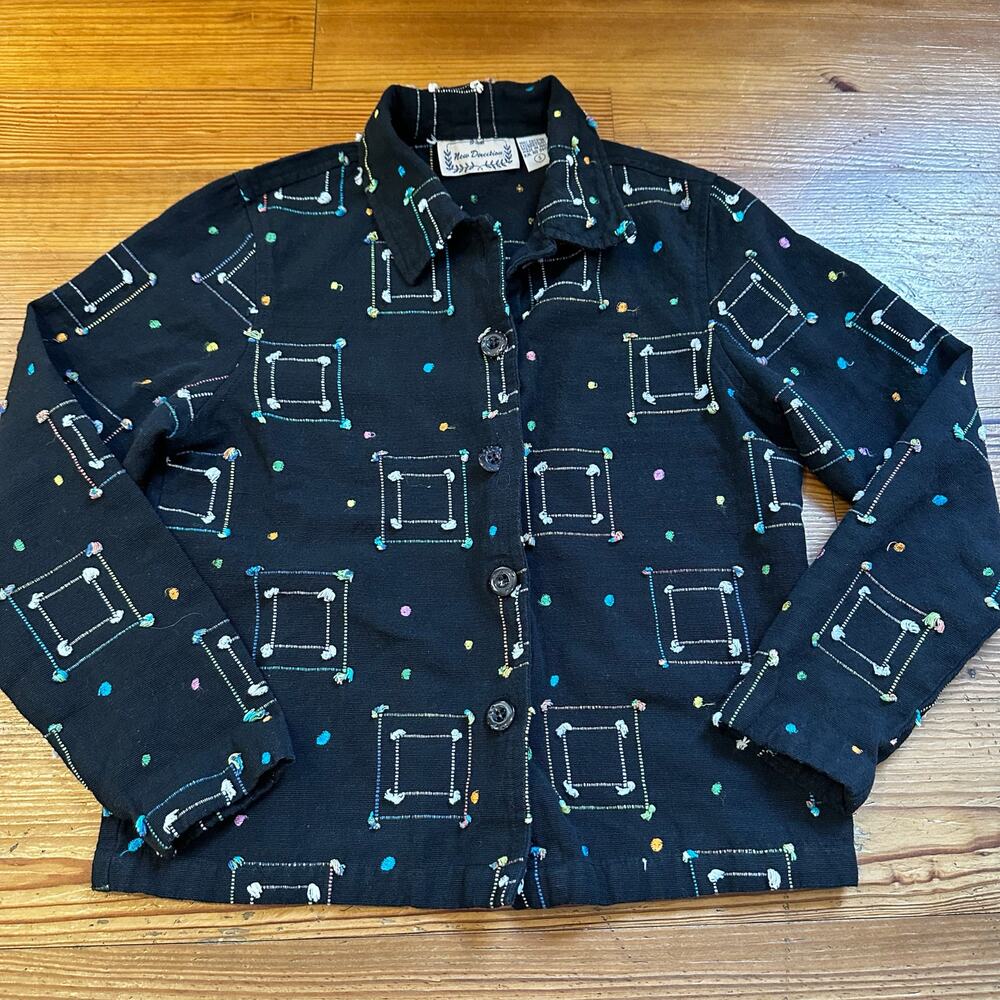 New Direction black cotton knit square embroidered button up blouse shirt SIZE S